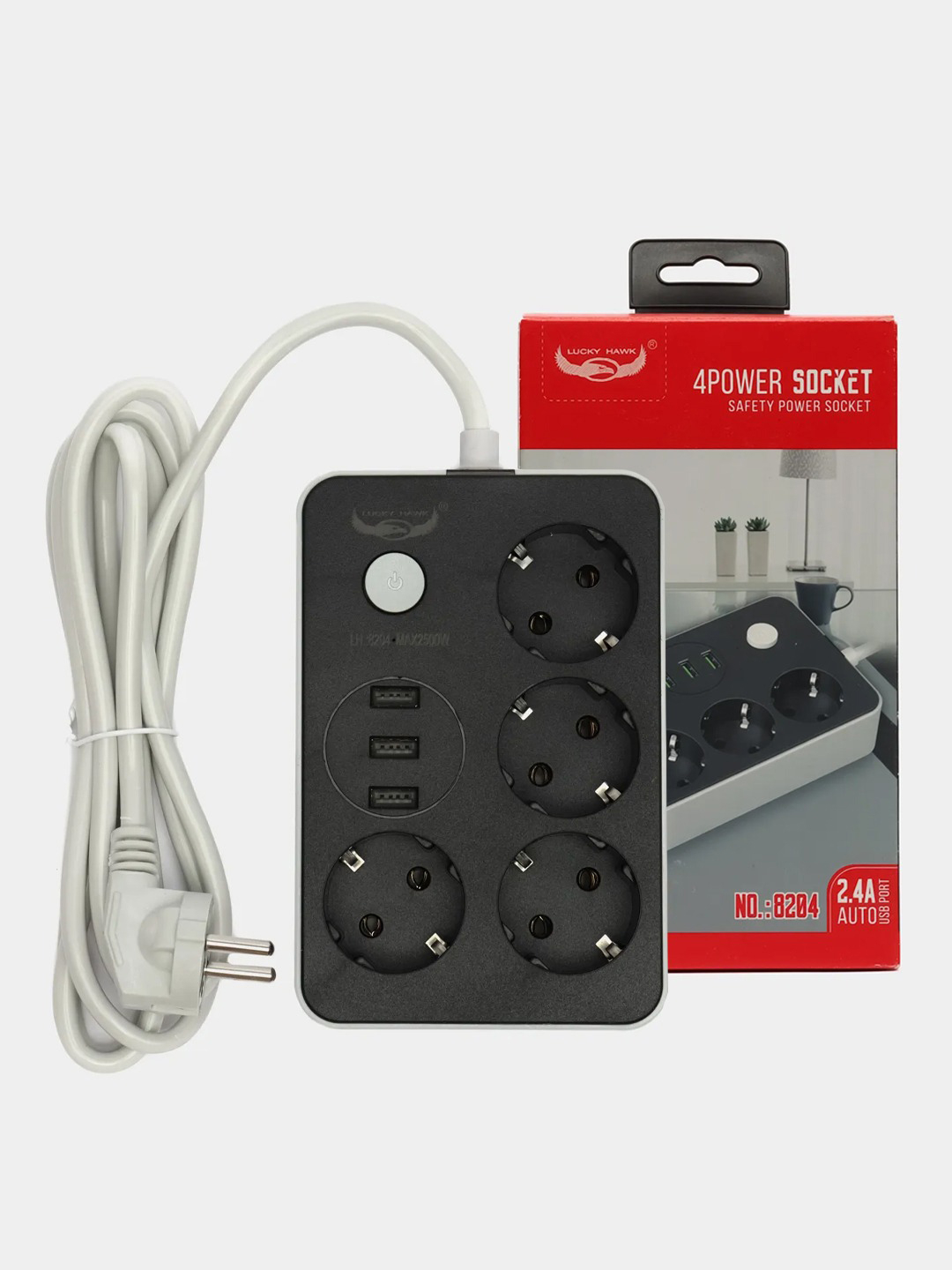 Сетевой фильтр / удлинитель с портами USB / Type-C. Lucky Hawk 4 Power  Socket Black/Grey купить по цене 799 ₽ в интернет-магазине Магнит Маркет