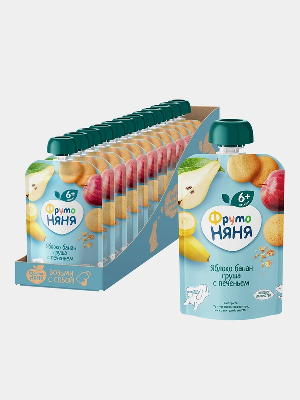 Пюре фруктовое ФрутоНяня, из яблок, бананов и груш с печеньем, 90 г, 12 штук