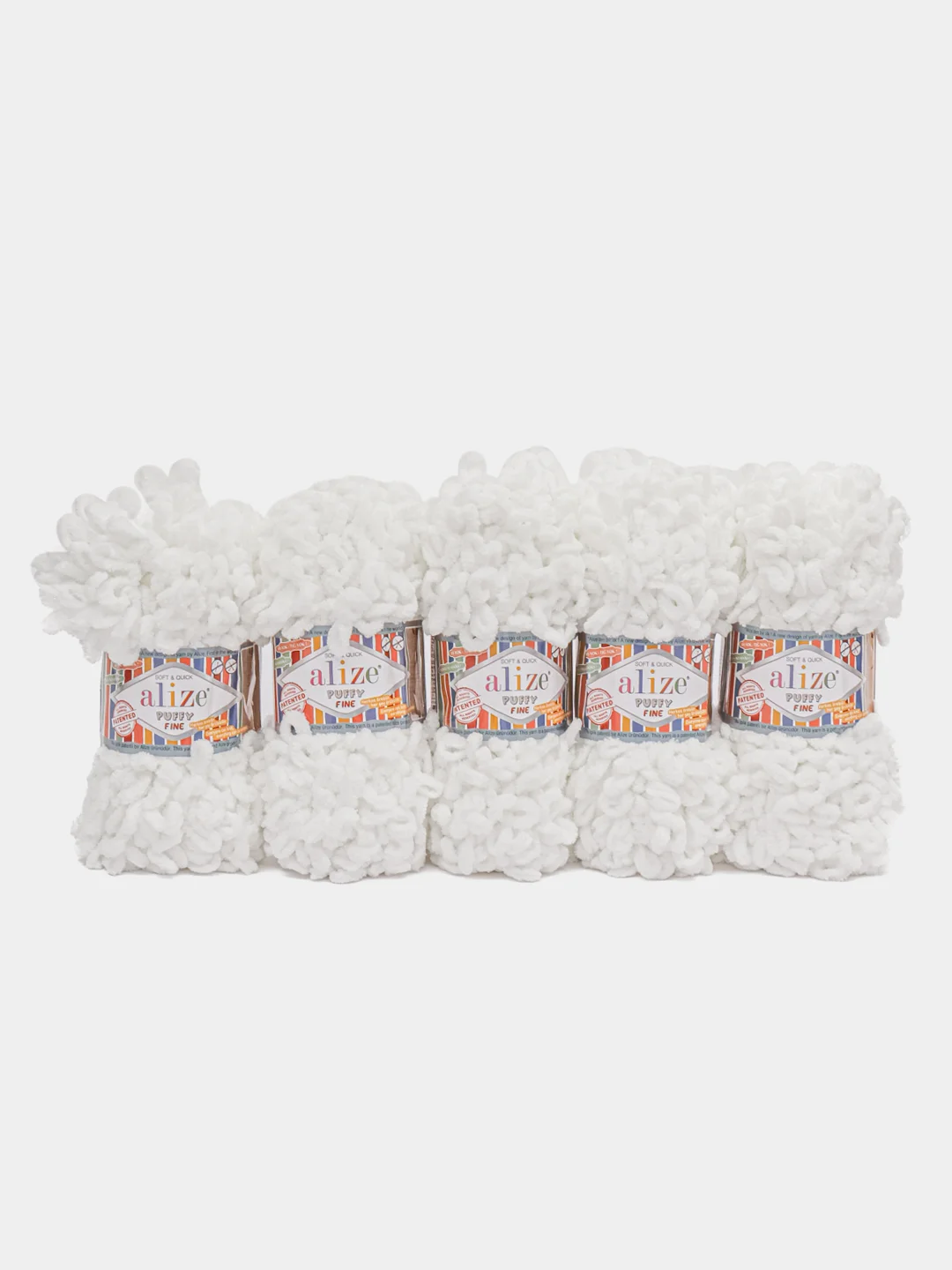 Пряжа Alize Puffy Fine, 100г, 14м, 100% микрополиэстер, 55 белый, 5 штук