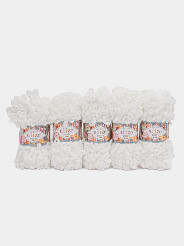 Пряжа Alize Puffy Fine, 100г, 14м, 100% микрополиэстер, 55 белый, 5 штук