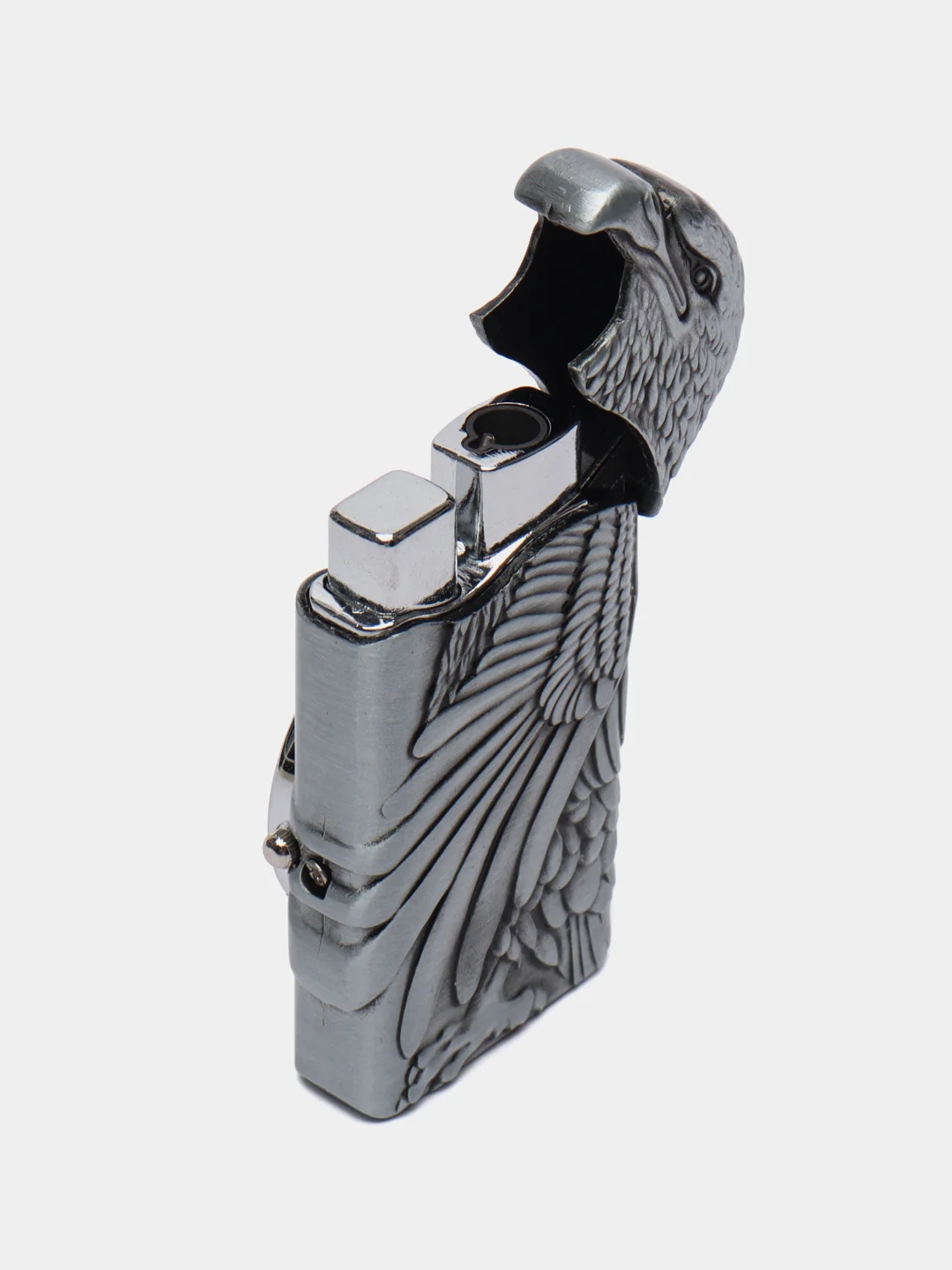 Серебряный зажигалка газовая "Орел" с часами/с подсветкой