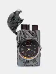 Серебряный зажигалка газовая "Орел" с часами/с подсветкой