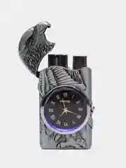 Серебряный зажигалка газовая "Орел" с часами/с подсветкой