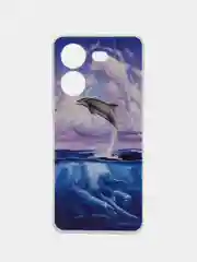 Фиолетовый силиконовый чехол на Tecno Pova 5 (Текно Пова 5), прозрачный, с рисунком, защита камеры