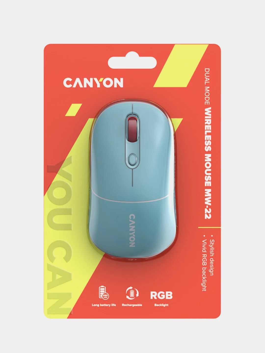 Голубой беспроводная мышь Canyon MW-22, с RGB-подсветкой, перезаряжаемая, двухрежимная, 1600 DPI