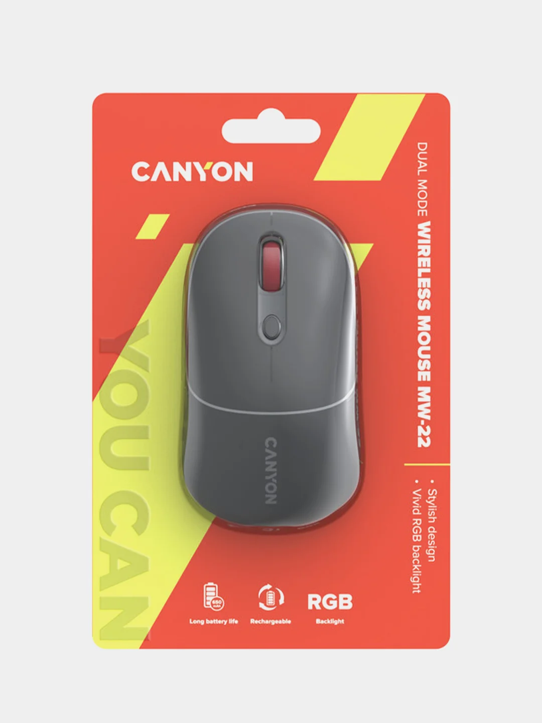 Серый беспроводная мышь Canyon MW-22, с RGB-подсветкой, перезаряжаемая, двухрежимная, 1600 DPI