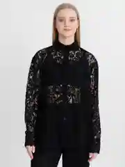 Черный женский нарядный кружевной брючный костюм с рубашкой/комплект двойка из гипюра