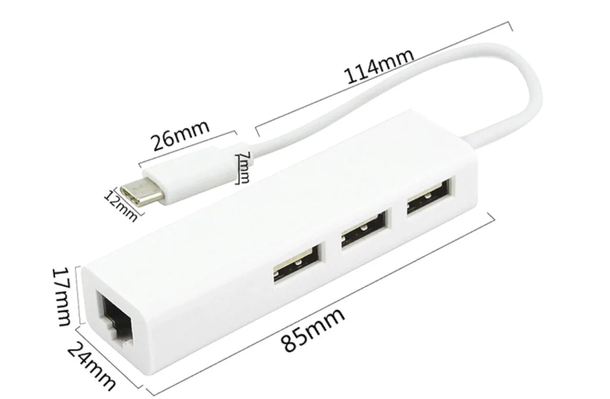 Белый концентратор, хаб, адаптер, переходник Type-C - 3 х USB 2.0 - Ethernet-порт RJ45, Macbook
