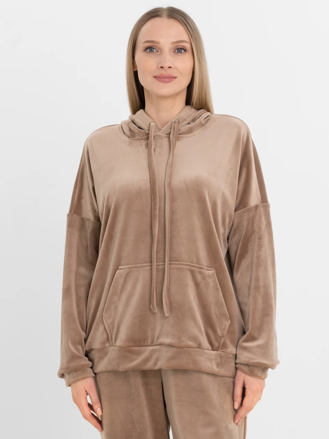 Бежевый бархатный, женский костюм, велюровый, oversize комплект: кофта худи, штаны джоггеры