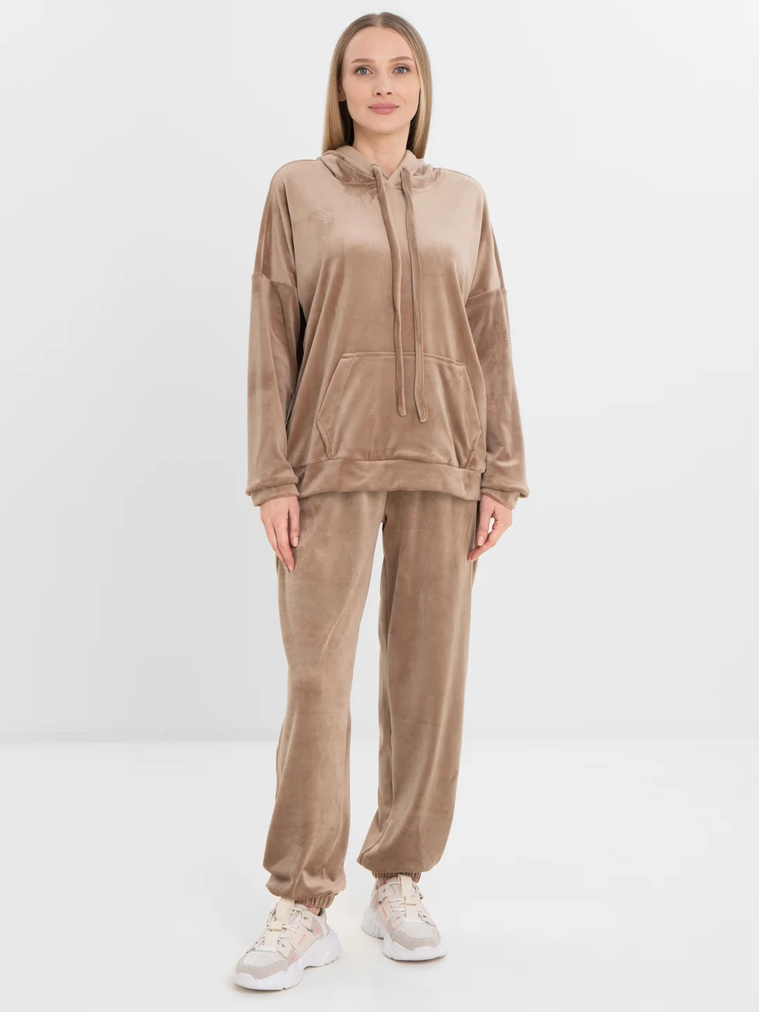 Бежевый меланж бархатный, женский костюм, велюровый, oversize комплект: кофта худи, штаны джоггеры