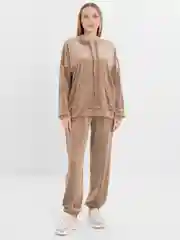 Бежевый меланж бархатный, женский костюм, велюровый, oversize комплект: кофта худи, штаны джоггеры