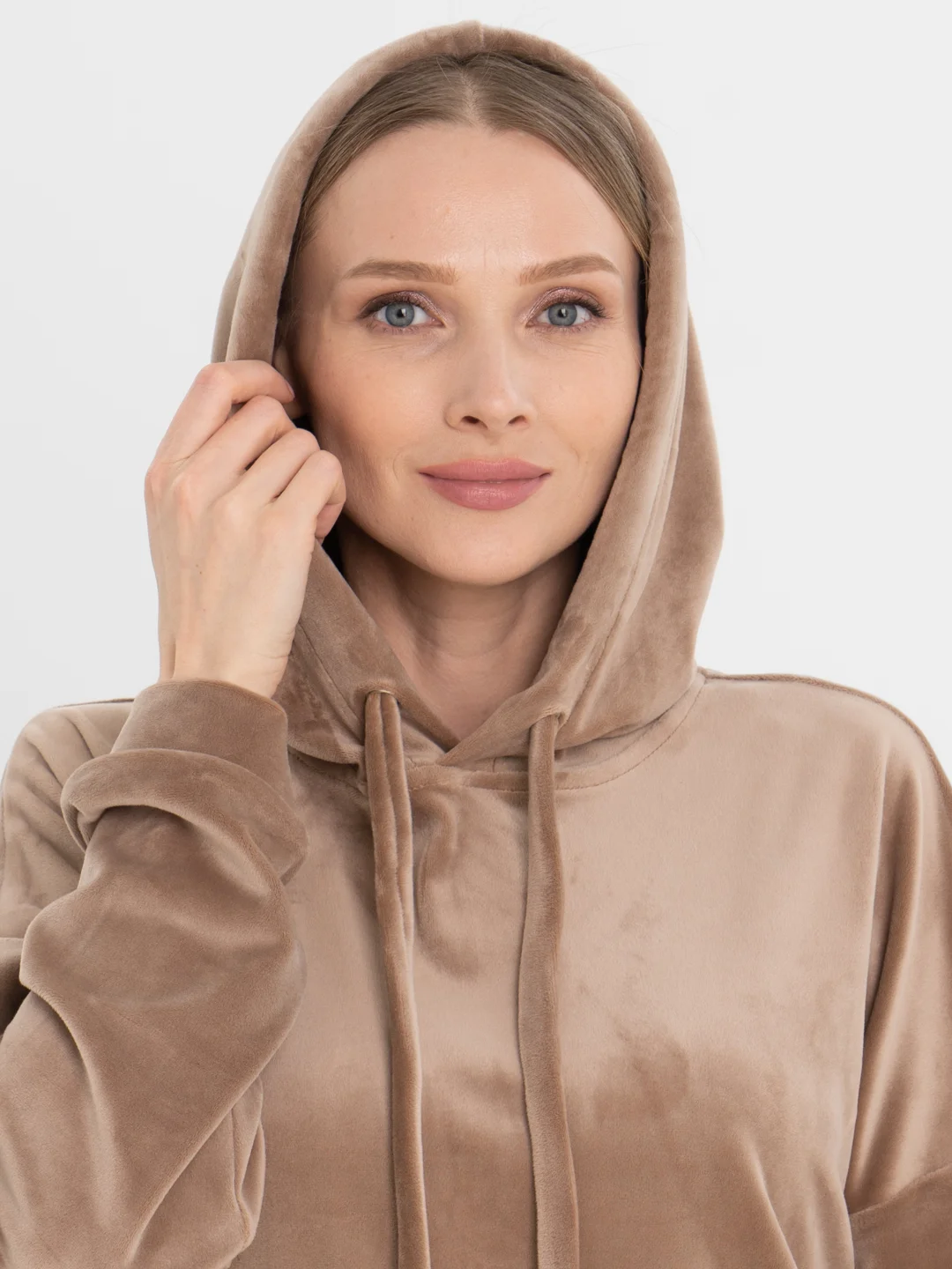 Бежевый бархатный, женский костюм, велюровый, oversize комплект: кофта худи, штаны джоггеры