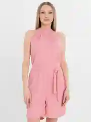 Розовый женский летний комбинезон с поясом
