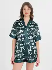 Зеленый пижама женская, рубашка с шортами, шелковая