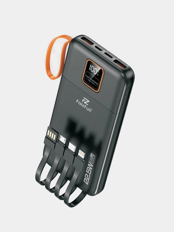 Power Bank, Повербанк с быстрой зарядкой, со встроенными кабелями, Lightning, Type-C