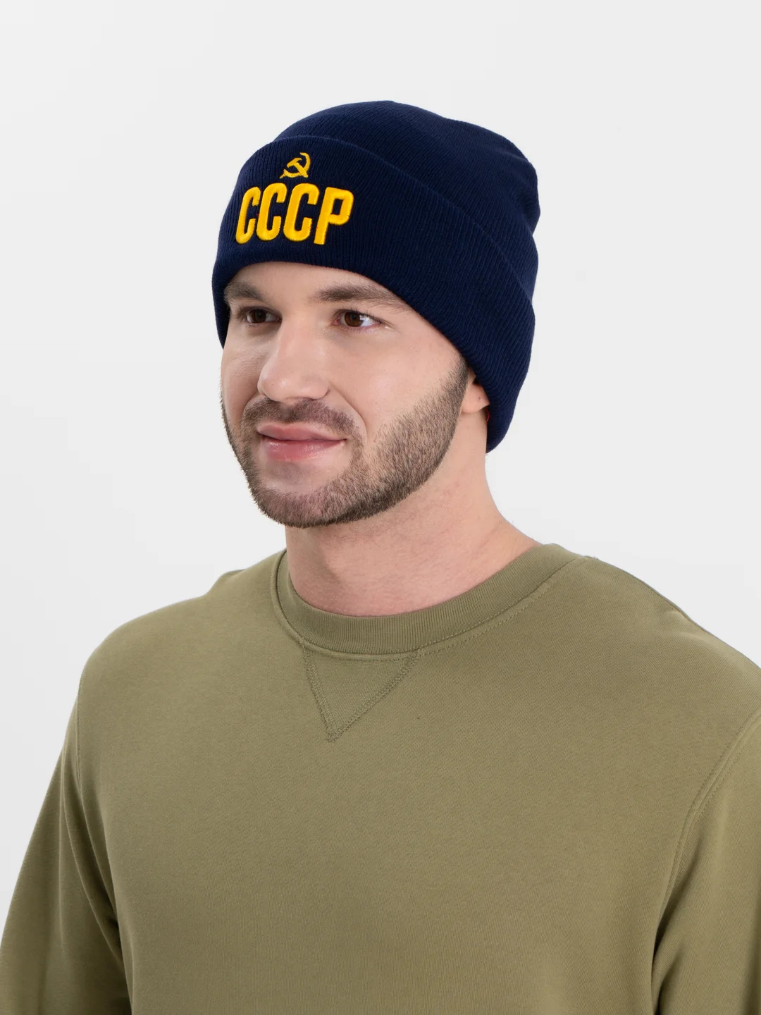 Синий шапка тёплая "СССР", осень-зима, унисекс, вязанная, двуслойная, бесшовная
