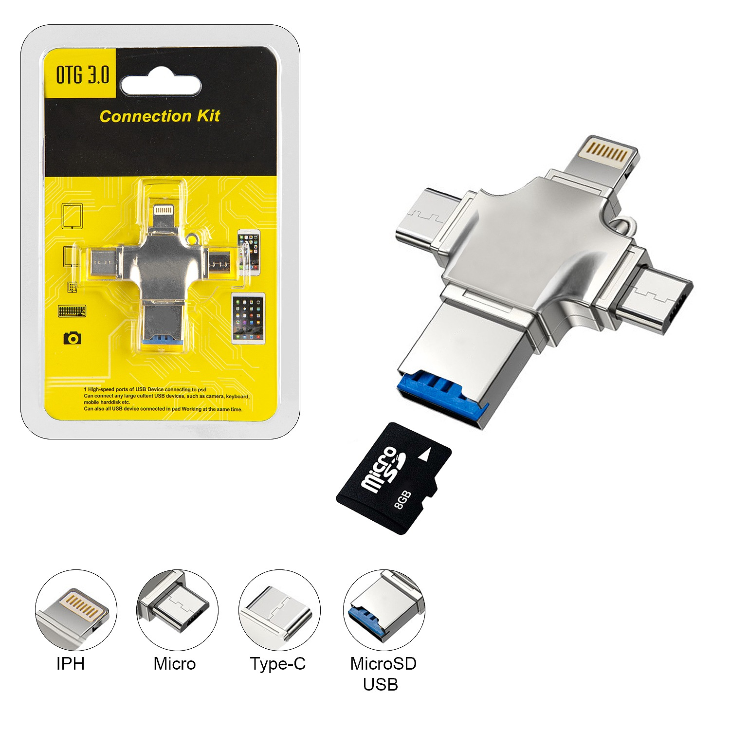 Переходник адаптер OTG 3.0 на Айфон iPhone, Lightning + MicroUSB + Type-C +  MicroSD + USB купить по цене 361 ₽ в интернет-магазине KazanExpress