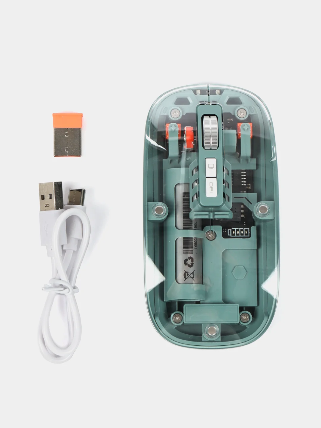 Зеленый мышь компьютерная, беспроводная, USB 2.4G, прозрачный корпус