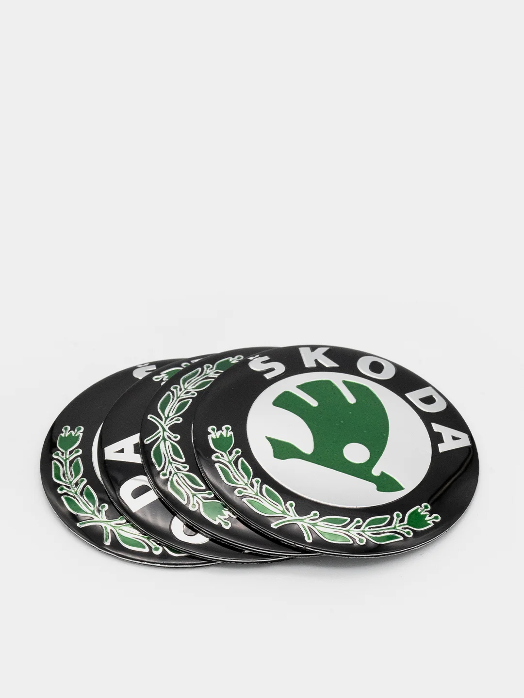 Бирюзовый наклейки на диски, колпаки Skoda сферические, изогнутые, 56-65 мм, 4 штуки