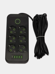 Удлинитель сетевой (фильтр) 5 метров 6 розеток, с 4 USB и 1 Type-C портами и кнопкой, черный