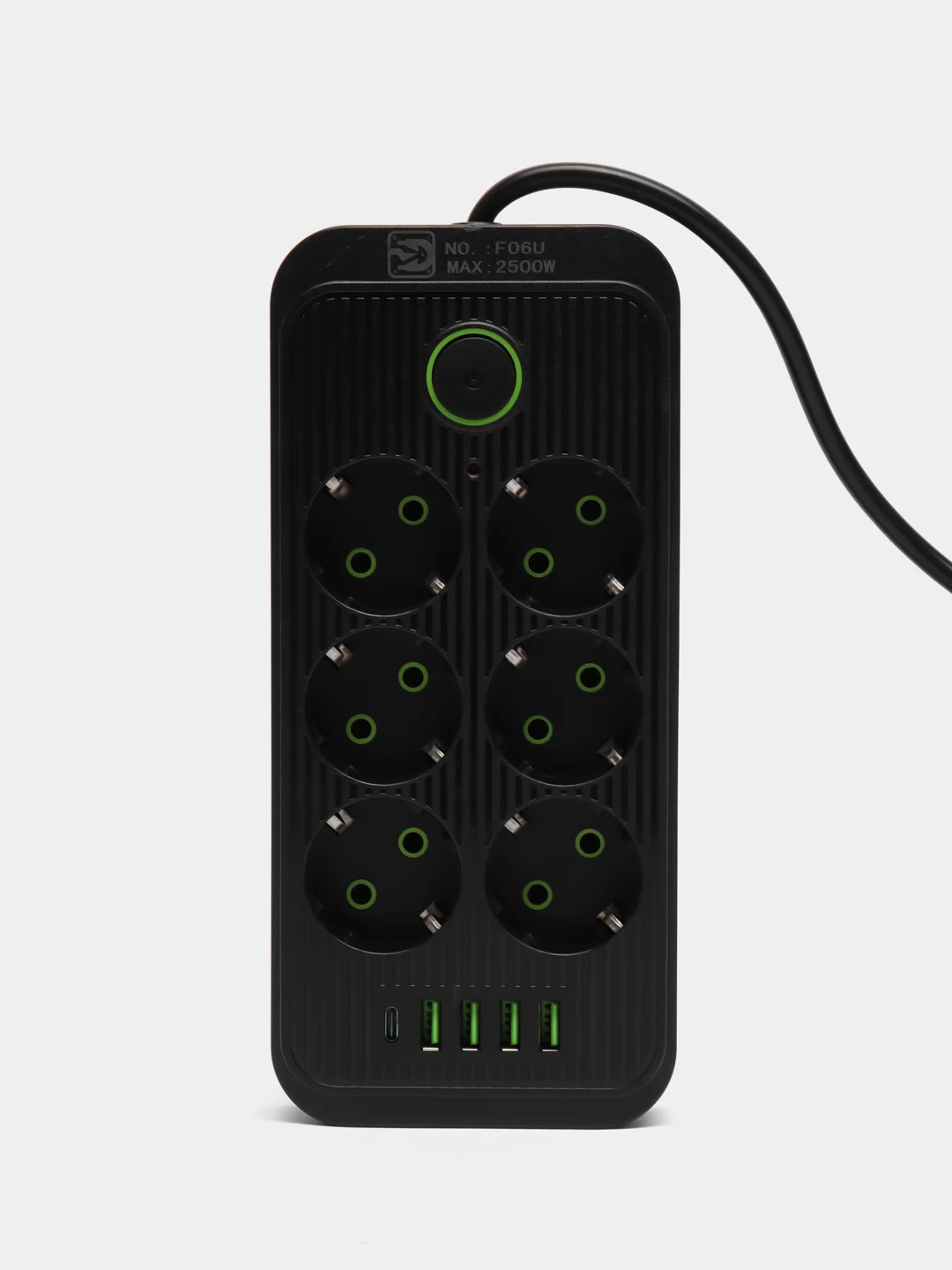 Черный сетевой фильтр 7 метров с 6 розетками 4 USB +1 Type-C 2500 Вт