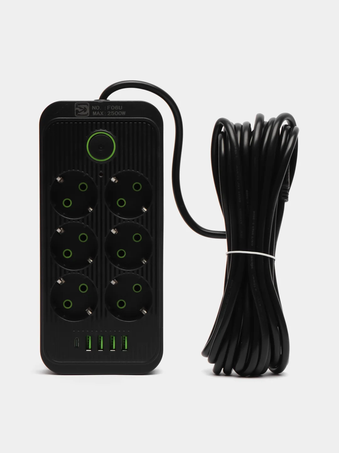 Черный сетевой фильтр 7 метров с 6 розетками 4 USB +1 Type-C 2500 Вт