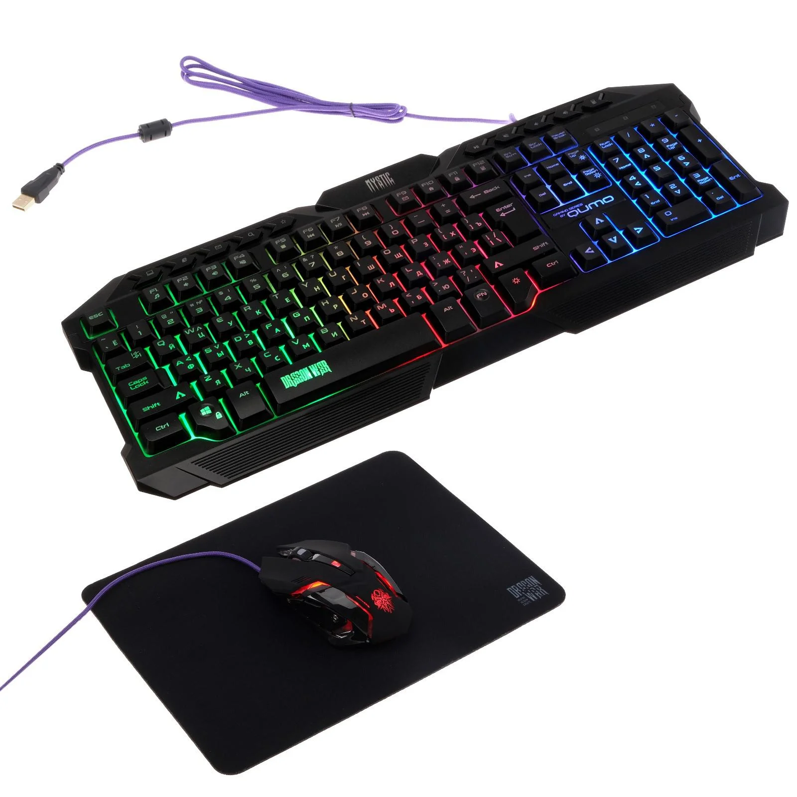 Комплект клавиатура+мышь+ковер Qumo Mystic K58/M76, проводная, мембран, 3200 dpi, USB