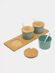 Бирюзовый набор банок для сыпучих продуктов с ложками на деревянной подставке 240 мл 3 шт