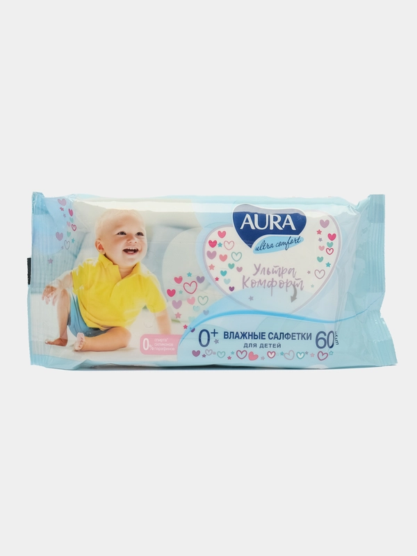 Детские влажные салфетки для всей семьи  AURA 60 шт 0+, универсальные, без спирта