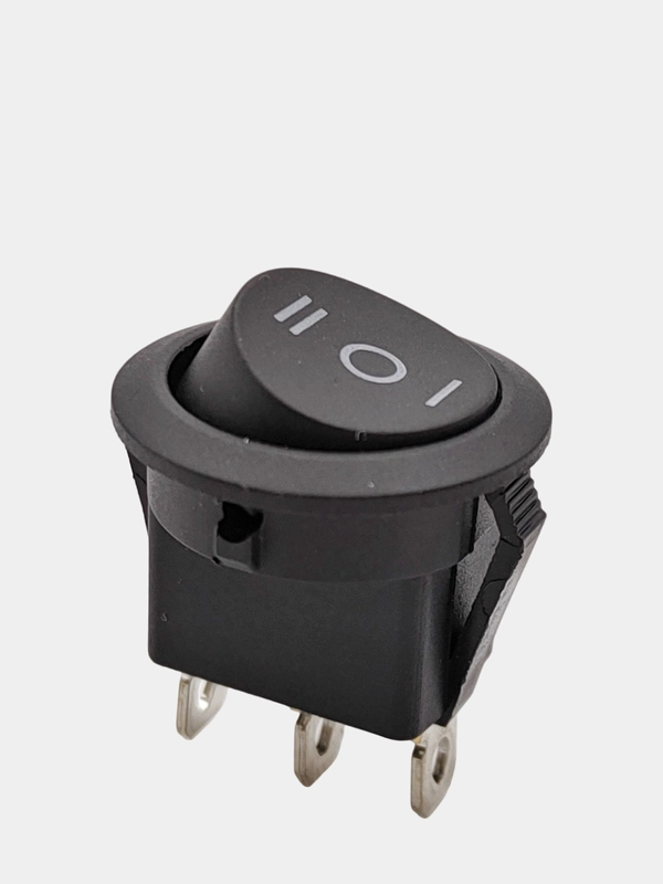 Выключатель клавишный КРУГЛЫЙ c НЕЙТРАЛЬЮ 250V 6А (3с) ON-OFF-ON черн (+ клеммы и термоус)