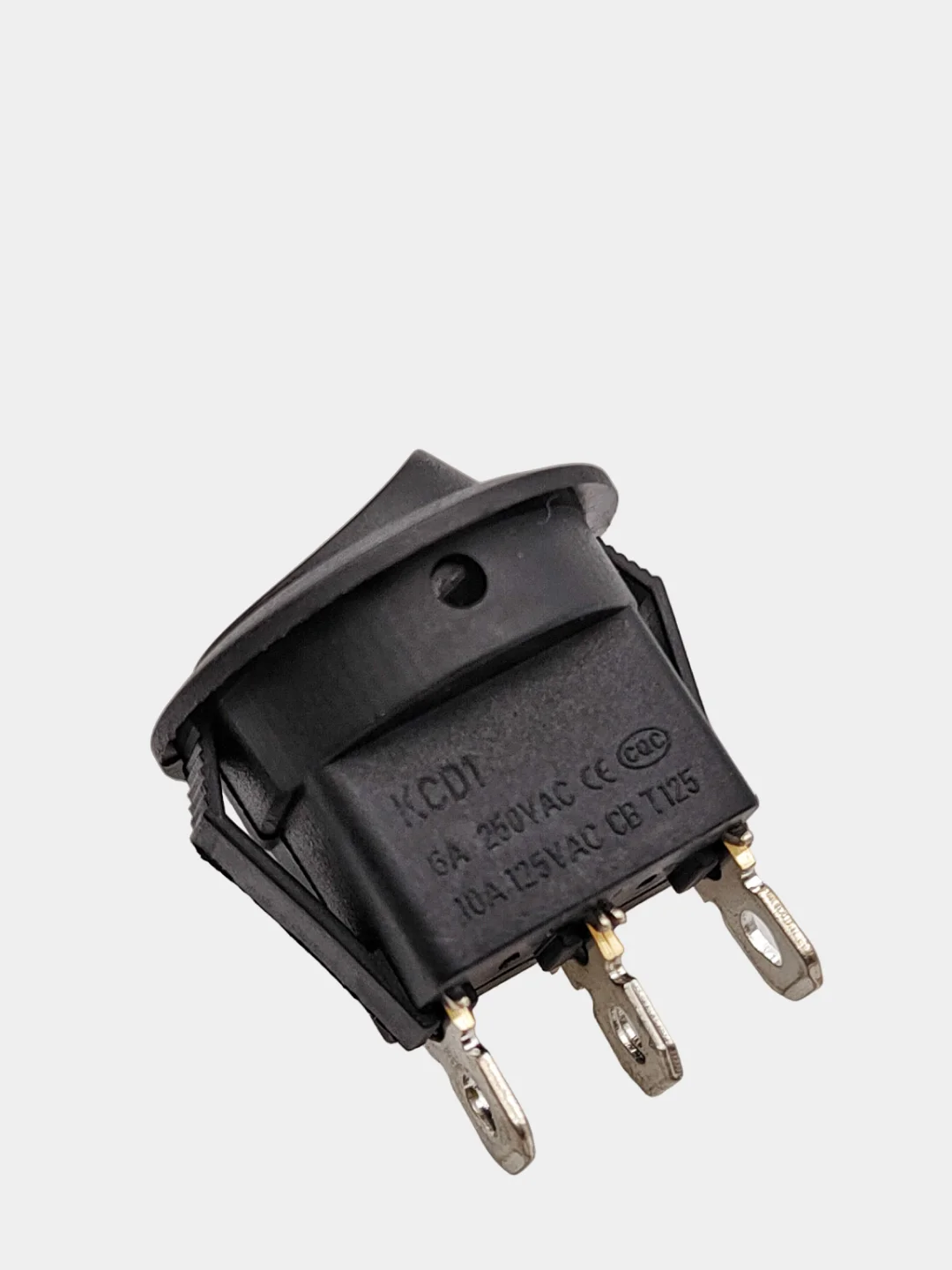 Выключатель клавишный КРУГЛЫЙ c НЕЙТРАЛЬЮ 250V 6А (3с) ON-OFF-ON черн (+ клеммы и термоус)