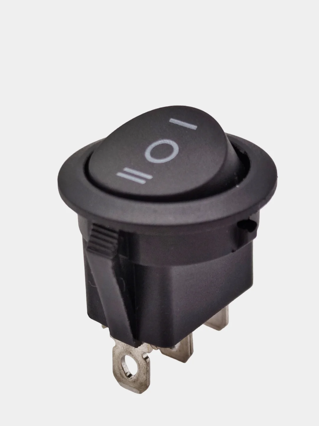 Выключатель клавишный КРУГЛЫЙ c НЕЙТРАЛЬЮ 250V 6А (3с) ON-OFF-ON черн (+ клеммы и термоус)