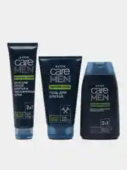 Зеленый avon CARE MEN шампунь, гель для бритья, бальзам после бритья/ Набор "Мягкий уход" для него