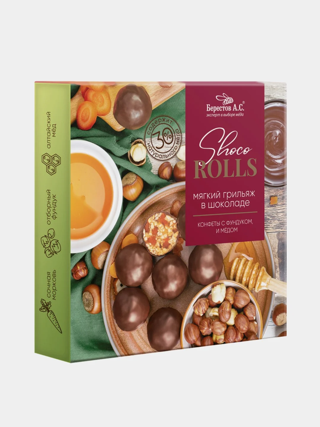 Конфеты Берестов А.С Shoco Rolls мягкий грильяж, в шоколаде, с медом, 135 г