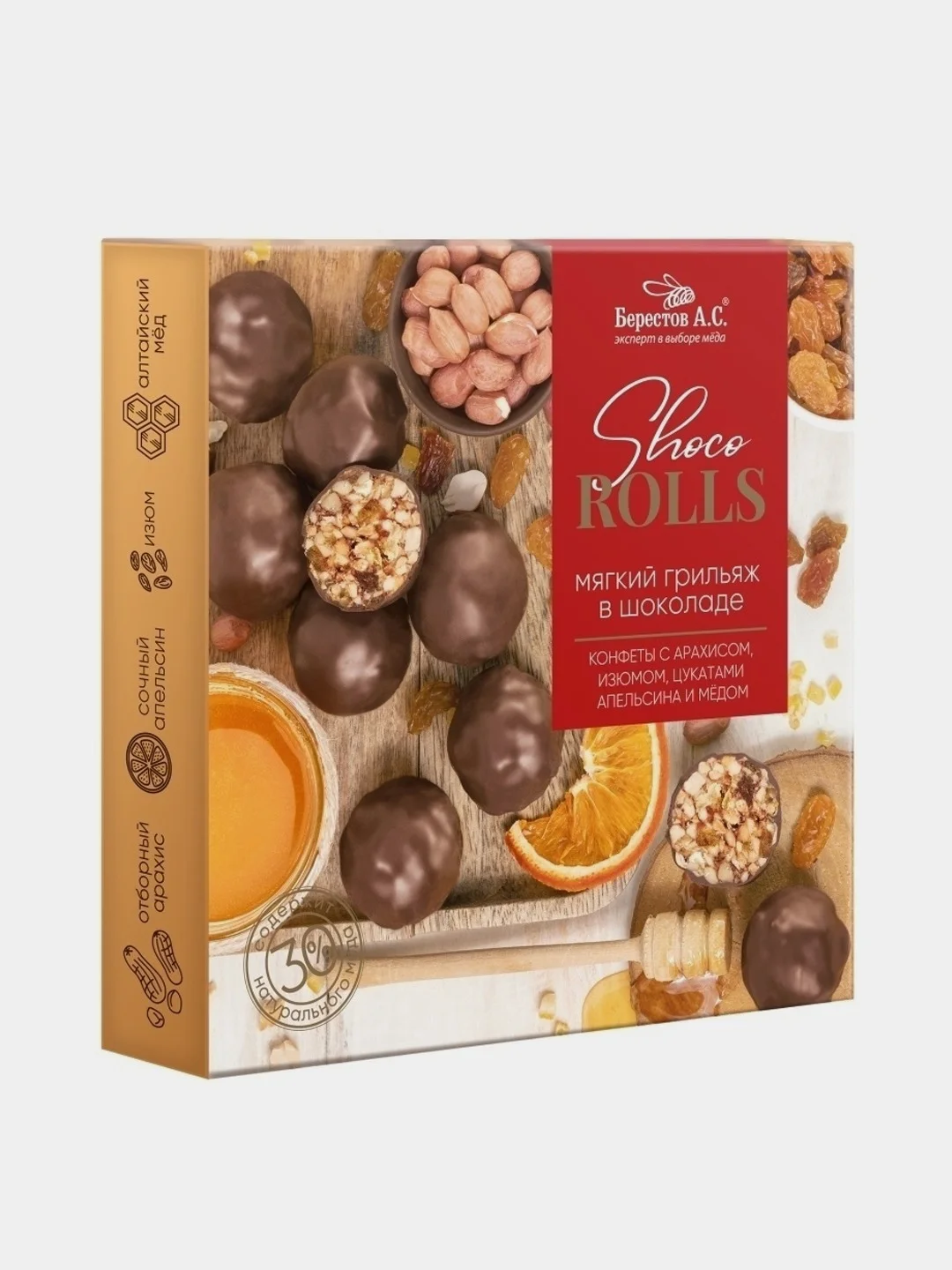 Конфеты Берестов А.С Shoco Rolls мягкий грильяж, в шоколаде, с медом, 135 г