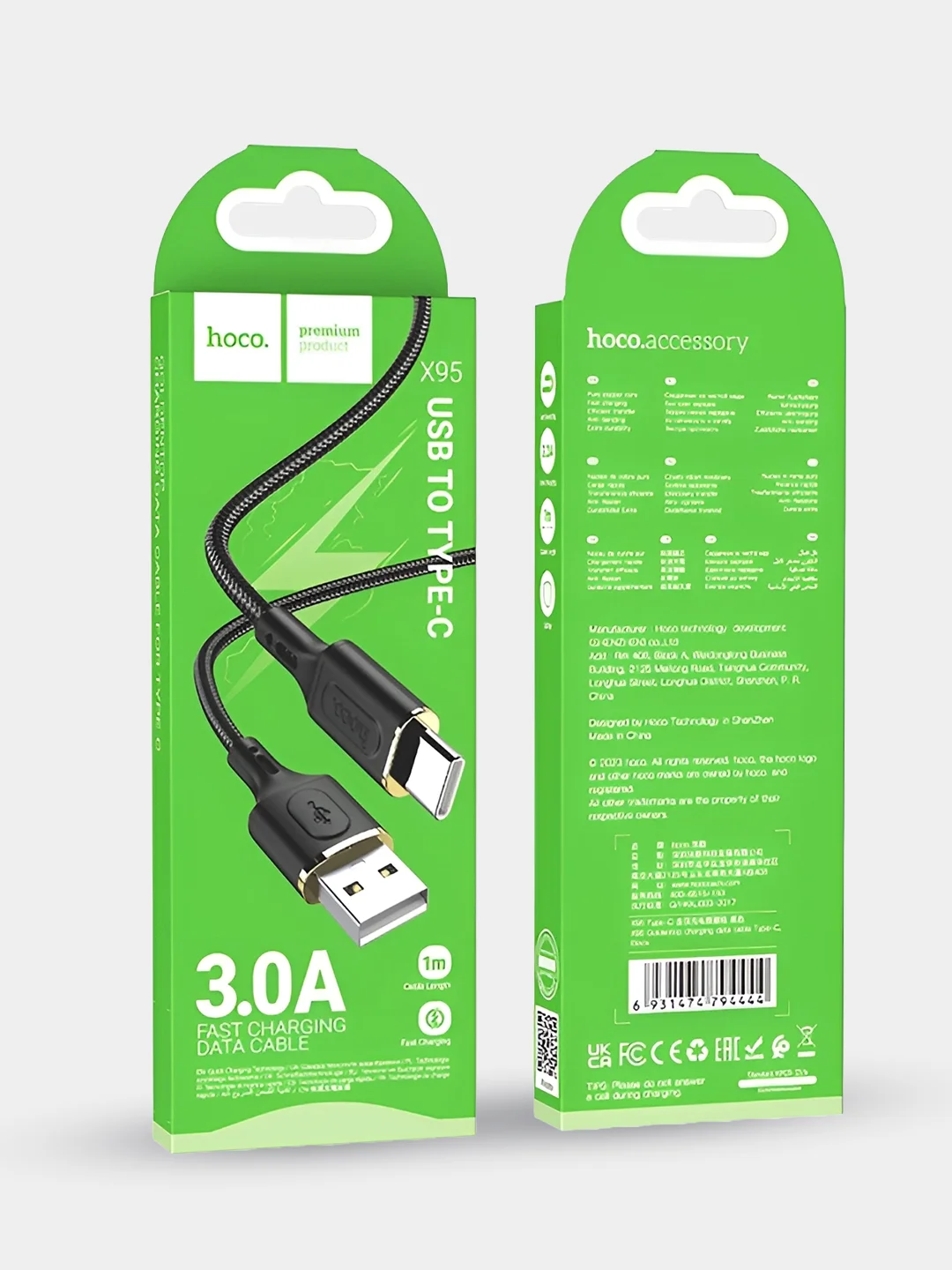 Черный кабель Hoco X95, быстрая зарядка, USB - Type-C, 3А, 1-3 метра