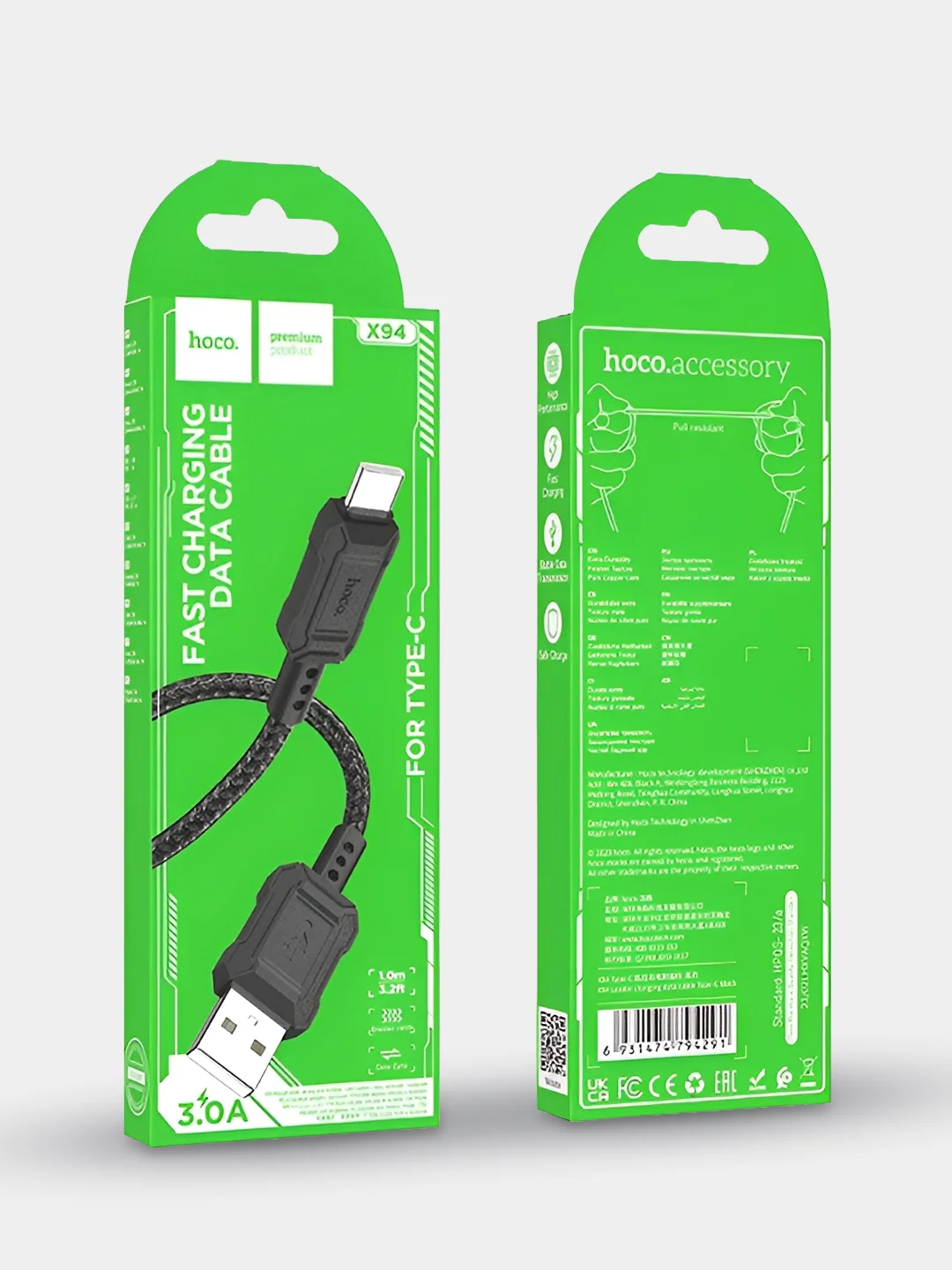 Черный кабель Hoco X94, USB - Type-C, 3А, быстрая зарядка, 3 размера