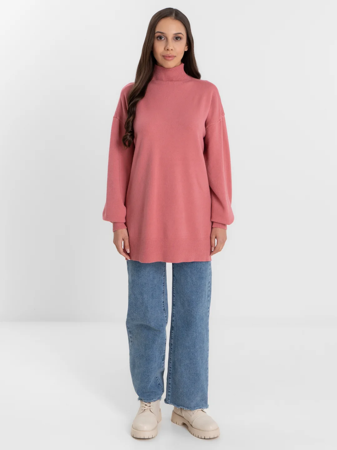 Коралловый свитер женский тёплый оверсайз , кофта высокий ворот, oversize однотонный