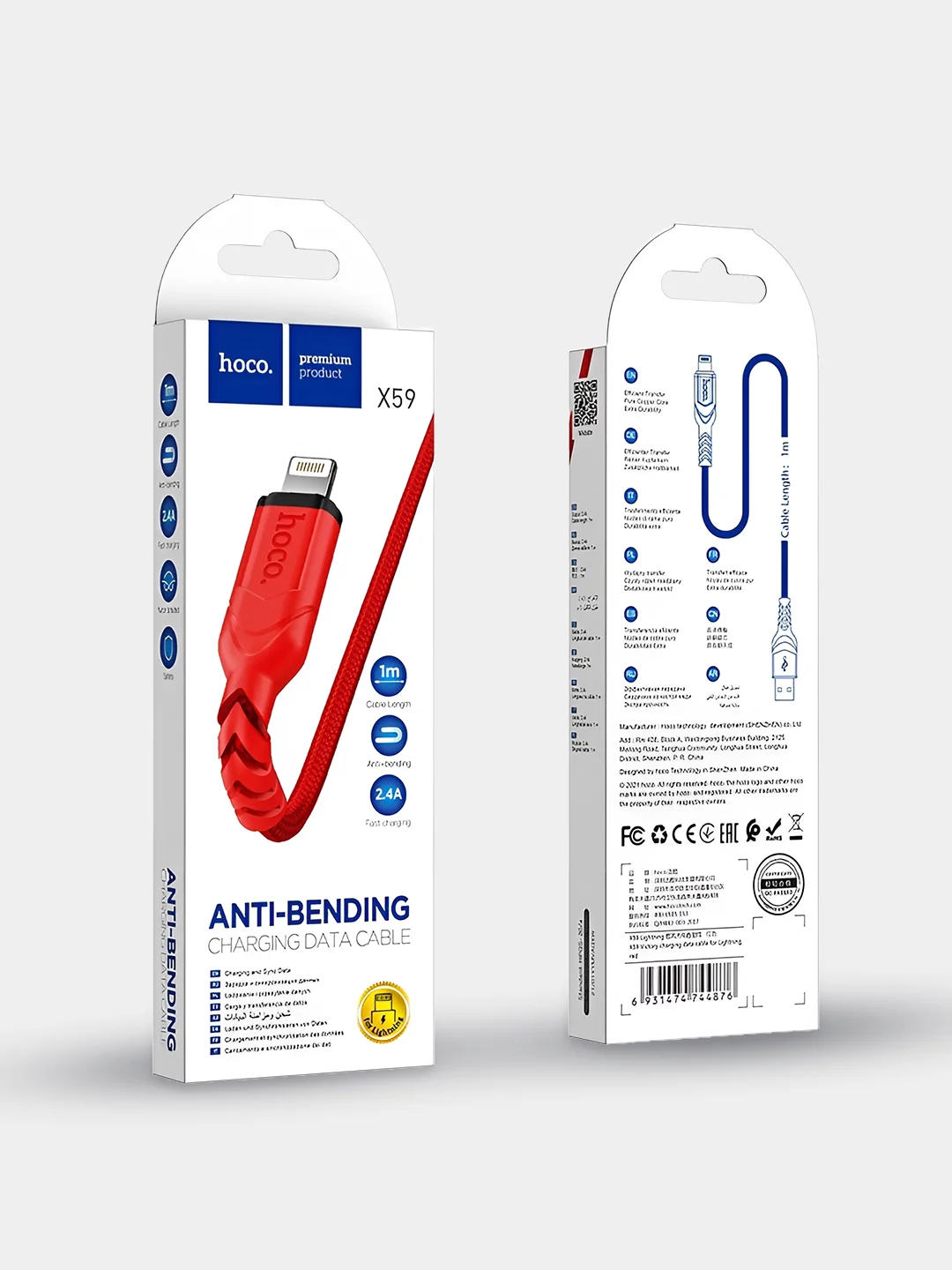 Красный кабель для iphone Lightning - USB для быстрой зарядки hoco X59