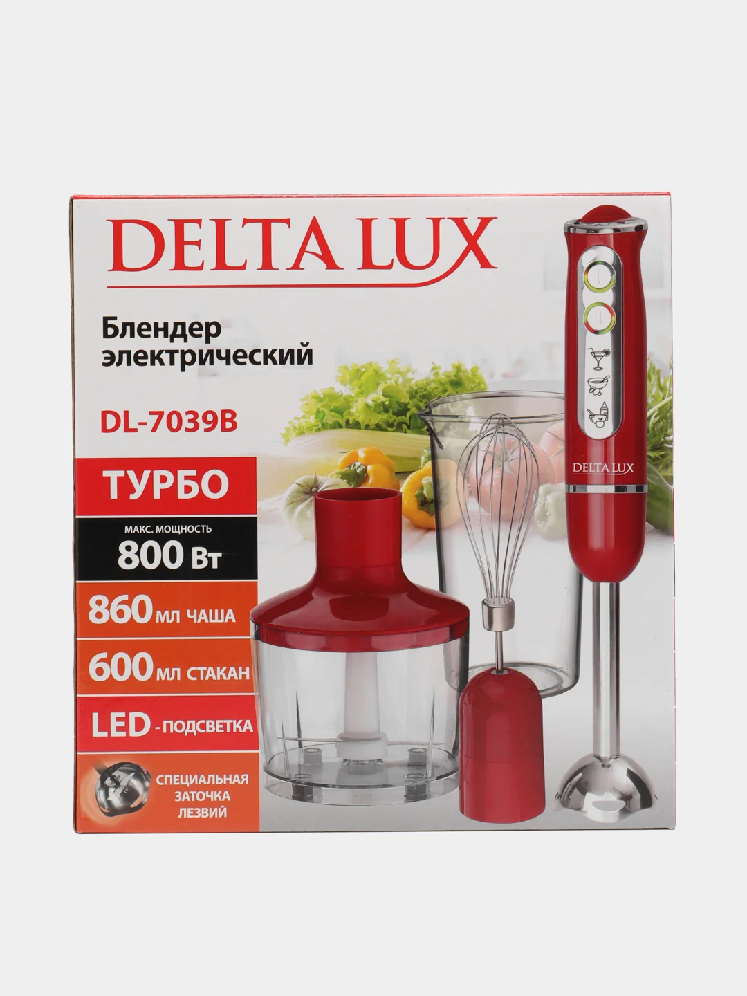 Красный блендер погружной DELTA LUX DL-7039B, 800 Вт