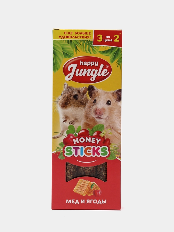 Палочки (лакомство) для мелких грызунов "Мед и ягоды" Happy Jungle, 3 штуки, 90 г