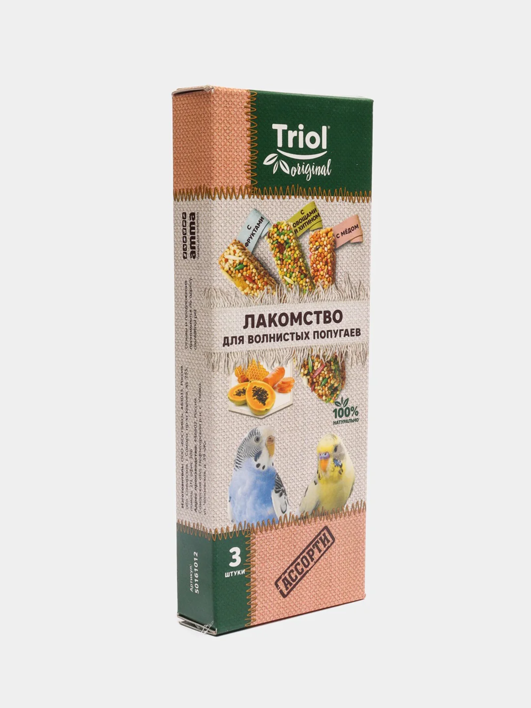 Лакомство для попугаев Triol Original, зерновые палочки, ассорти, 3 в 1, 80 г