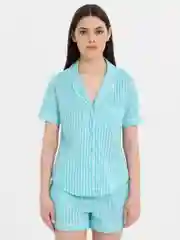 Бирюзовый пижама женская, с шортами, в полоску, весенняя, хлопковая