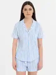 Голубой пижама женская, с шортами, в полоску, весенняя, хлопковая