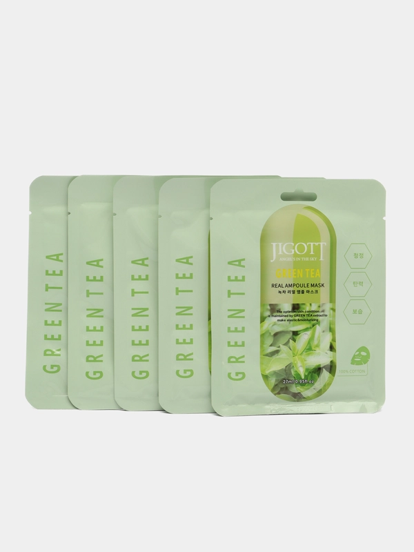 Jigott Корейская тканевая маска Зеленый чай Real Ampoule Mask Green Tea 5 штук