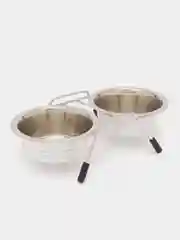 Белый миска металлическая двойная на подставке для кошки и собак