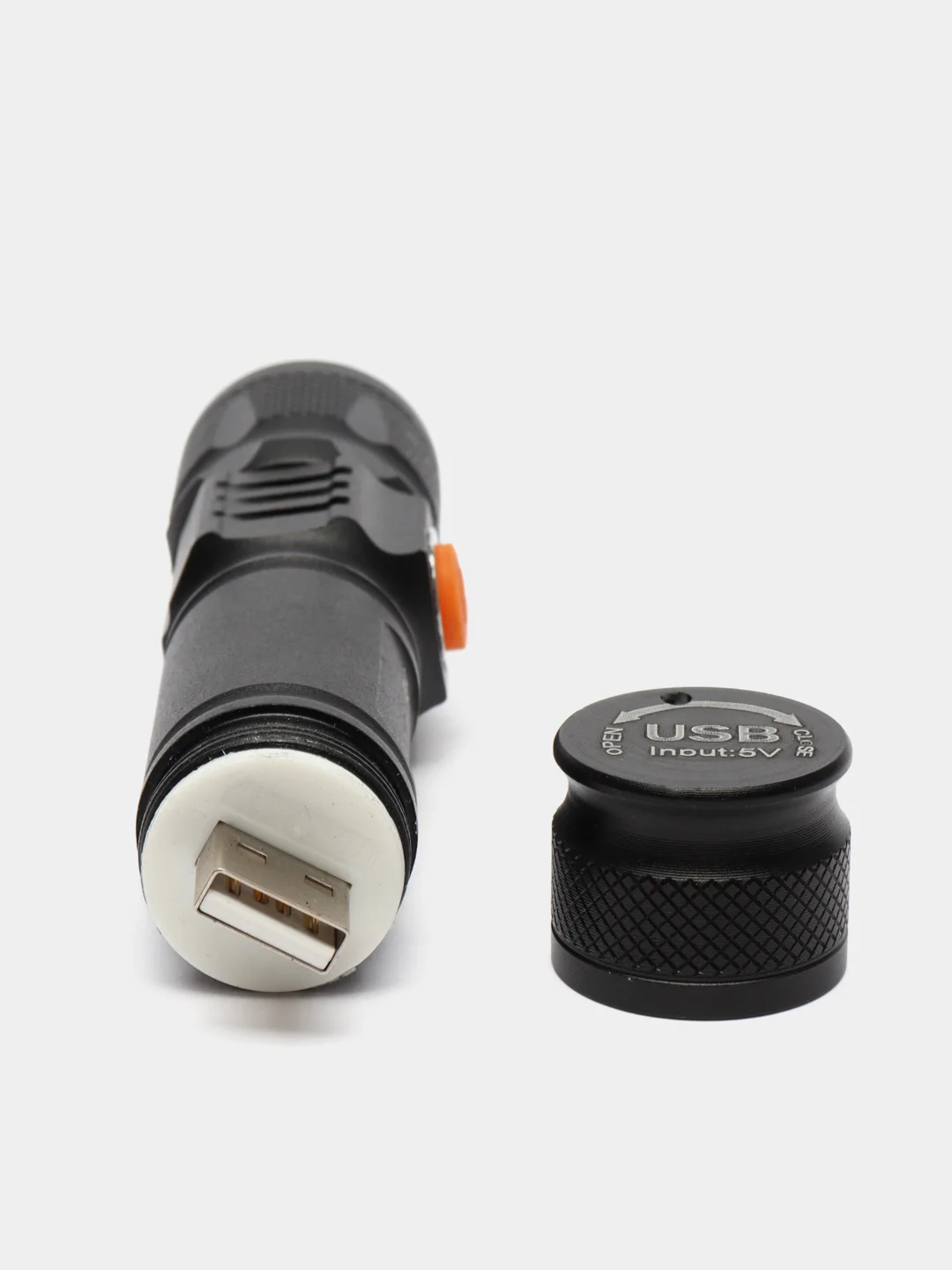 Черный фонарь LED светодиодный, аккумуляторный, с USB зарядкой от сети