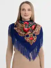 Аметистовый платок женский, в русском стиле, с бахрамой, с цветами