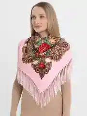 Зелёный хаки платок женский, в русском стиле, с бахрамой, с цветами