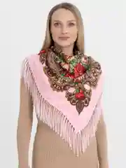 Конфетный платок женский, в русском стиле, с бахрамой, с цветами